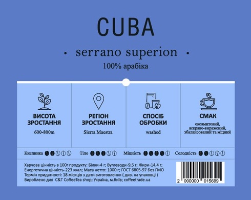 Кава в зернах C&T Cuba Serrano Superion 200г