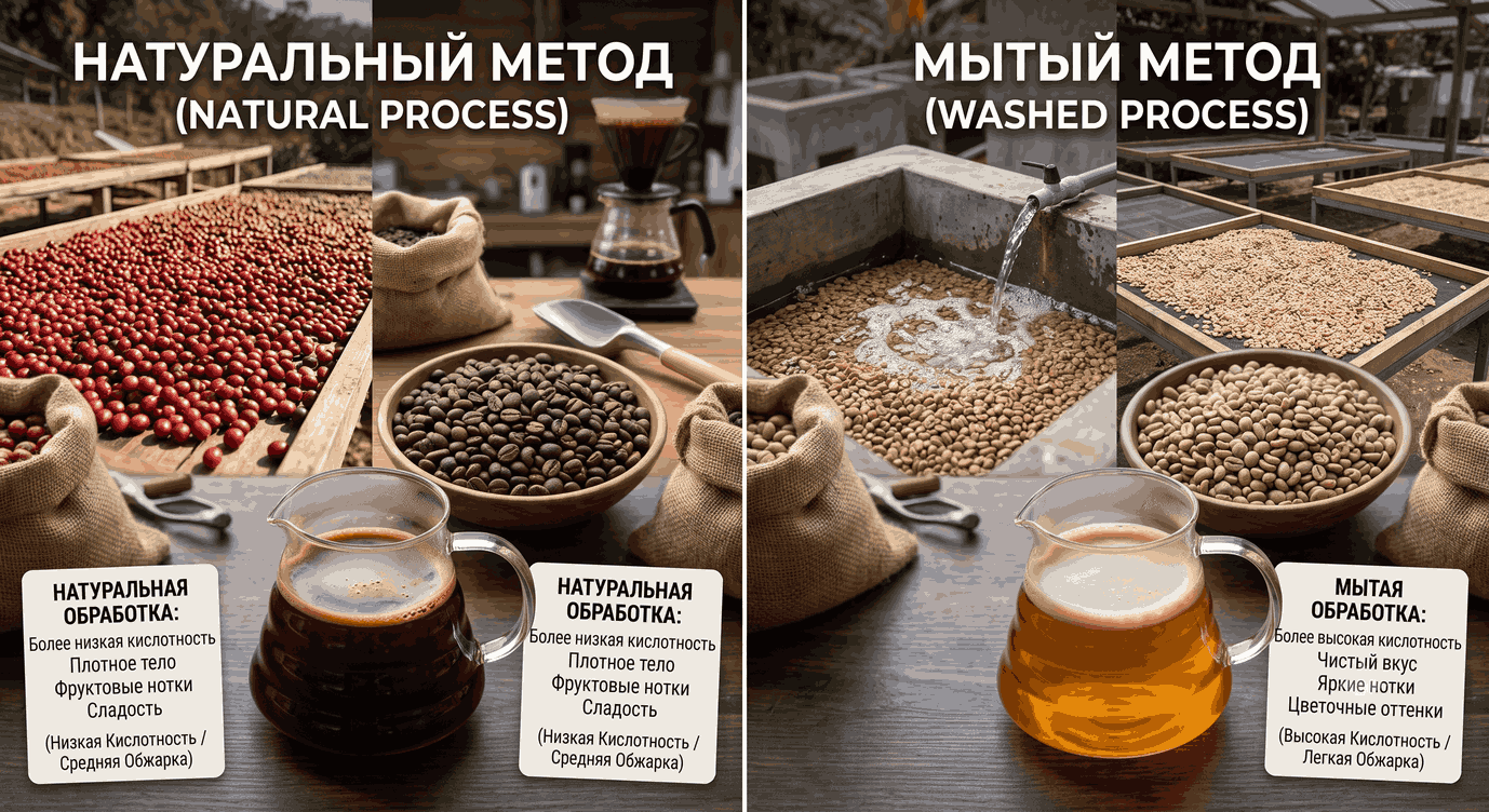 Сравнение двух методов обработки кофейных зерен: мытого и натурального, которые напрямую влияют на уровень кислотности напитка