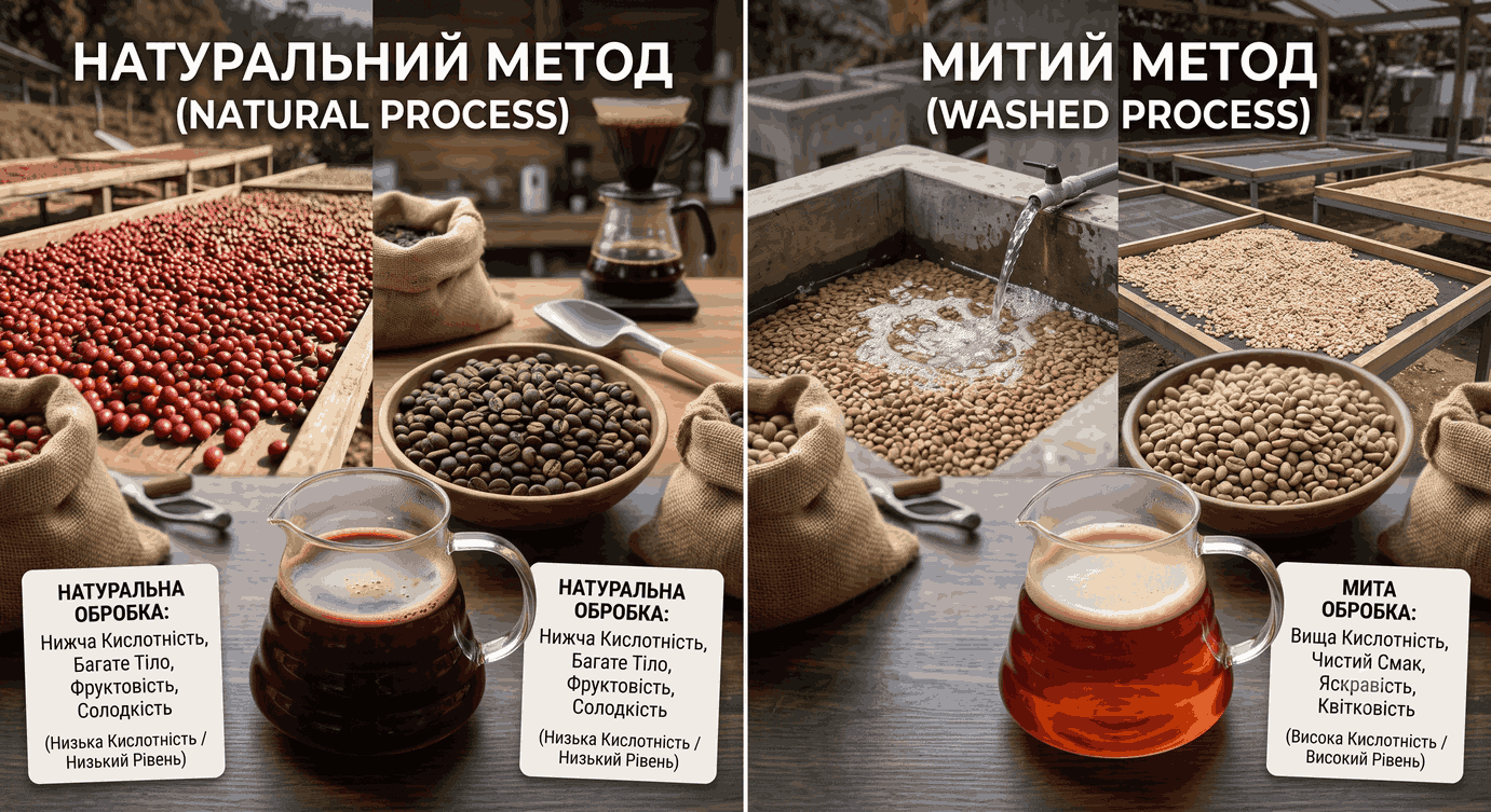 Порівняння двох методів обробки кавових зерен: митого та натурального, які безпосередньо впливають на рівень кислотності напою