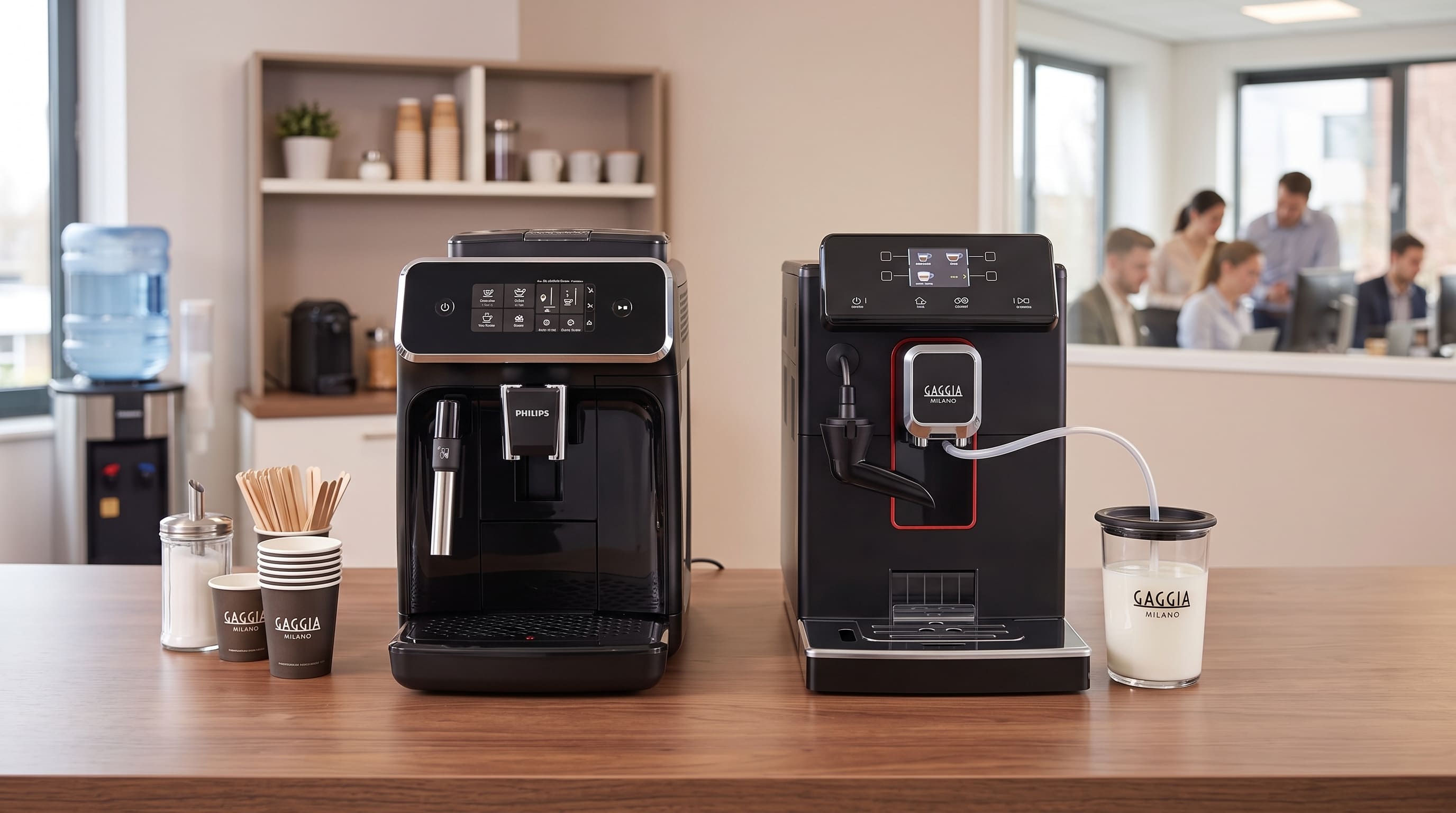 Дві кавомашини Philips і Gaggia стоять на дерев'яному офісному столі поруч із стаканчиками та всміхненою співробітницею, яка наливає каву.