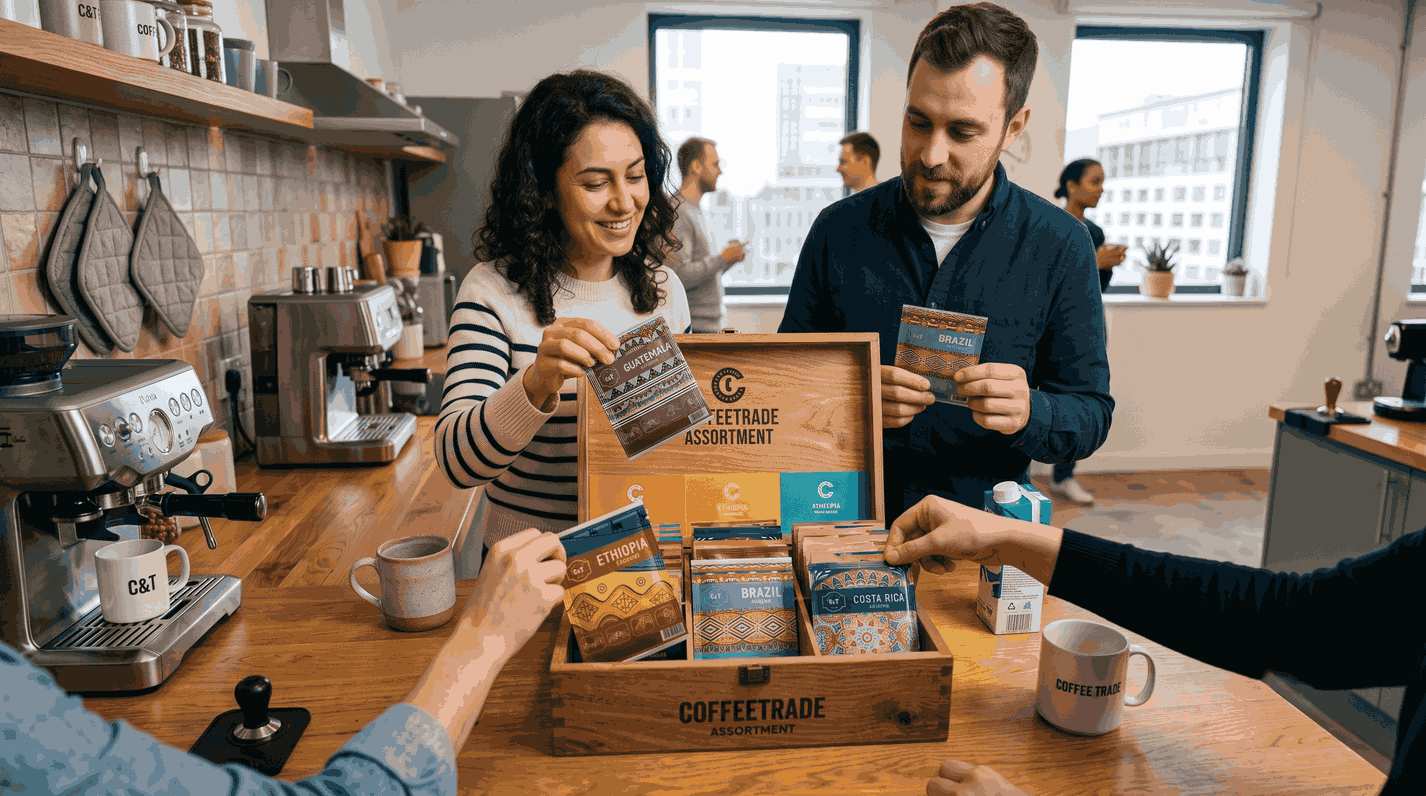 Бокс с ассорти дрип-пакетов кофе Coffeetrade на офисной кухне. Сотрудники выбирают порционные пакеты разных сортов из Кении, Эфиопии и Колумбии.