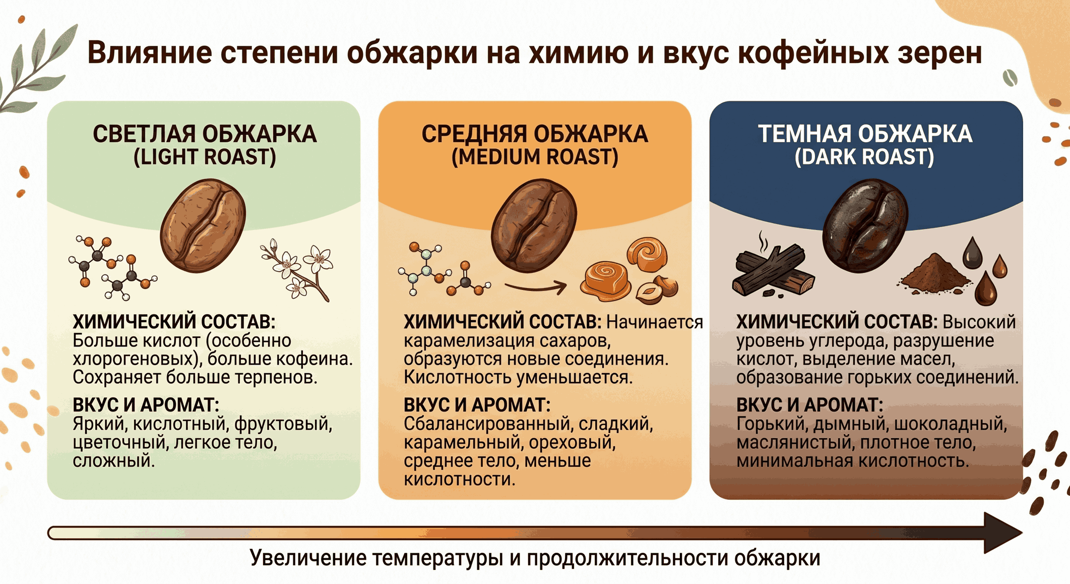 Влияние степени обжарки на химию и вкус кофейных зерен», иллюстрирующая изменения в кофе от светлой до темной обжарки по мере роста температуры.